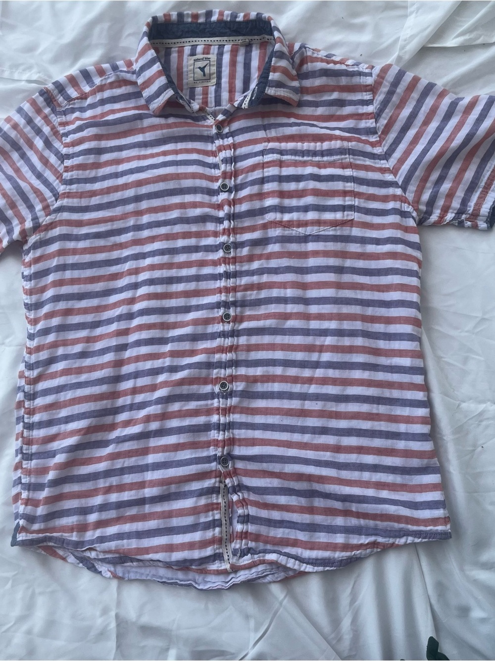 Men's Short-Sleeve Striped Button-Down Shirt — Blue & Red